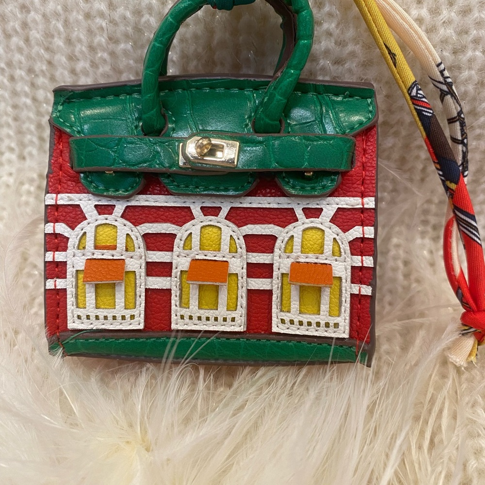 Holiday House Mini Bag Charm | Red & Green 3D Window Purse Keychain